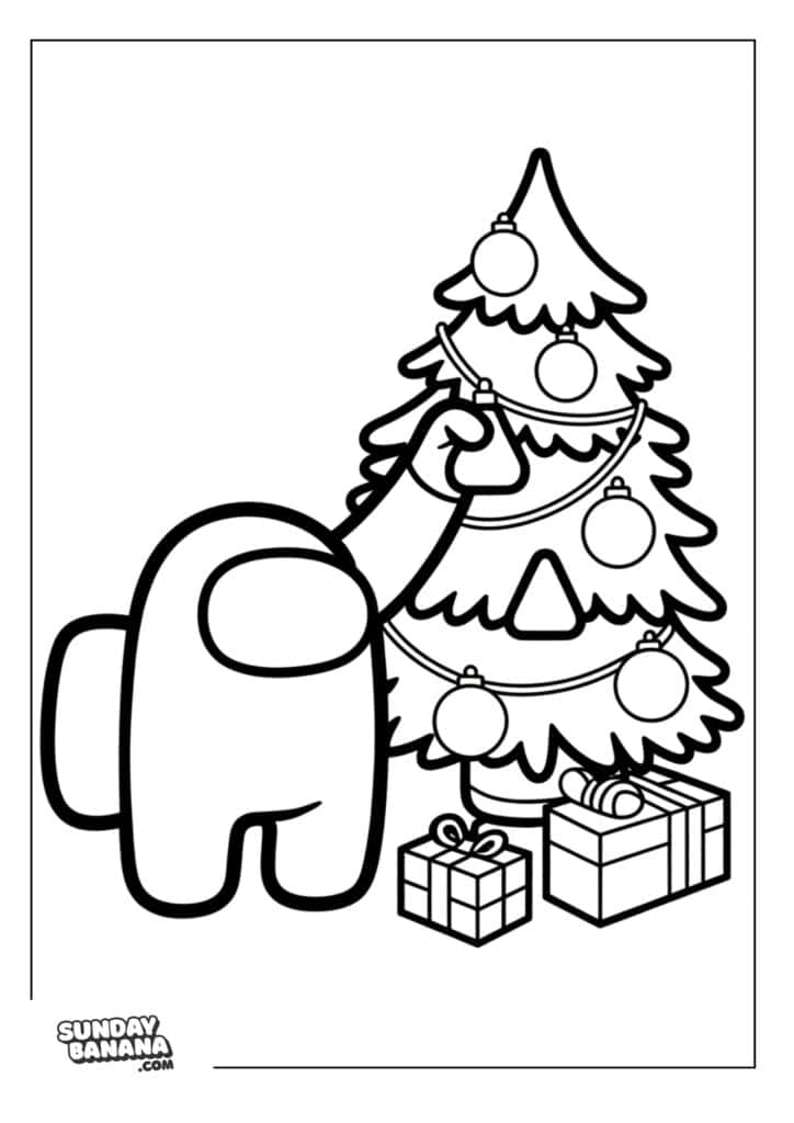 Crewmate decorating Christmas tree Among Us coloring page
