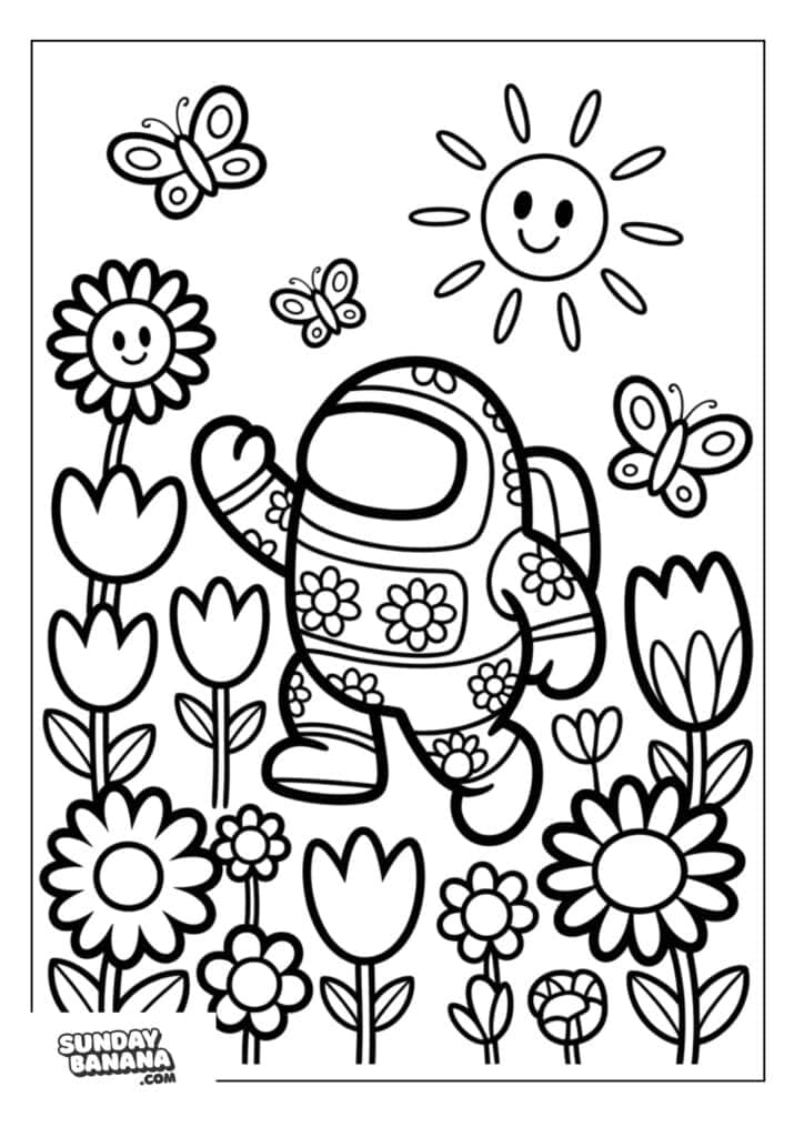 Crewmate in floral suit surrounded by flowers and butterflies Among Us coloring page