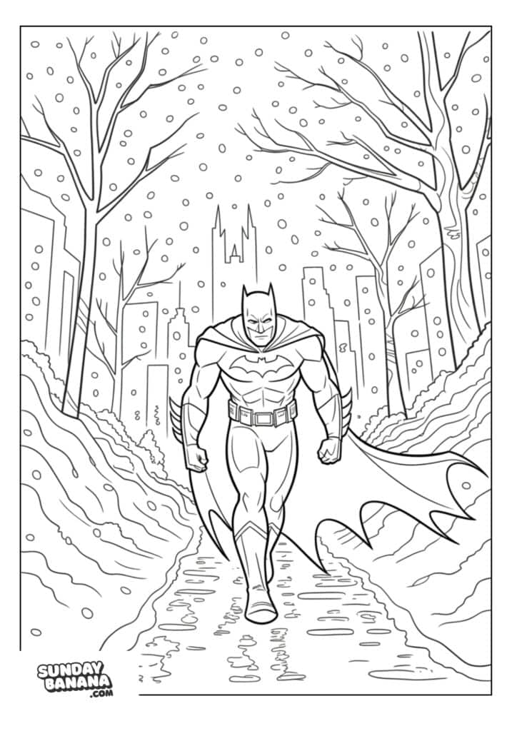 Batman walking through snow covered Gotham park coloring page