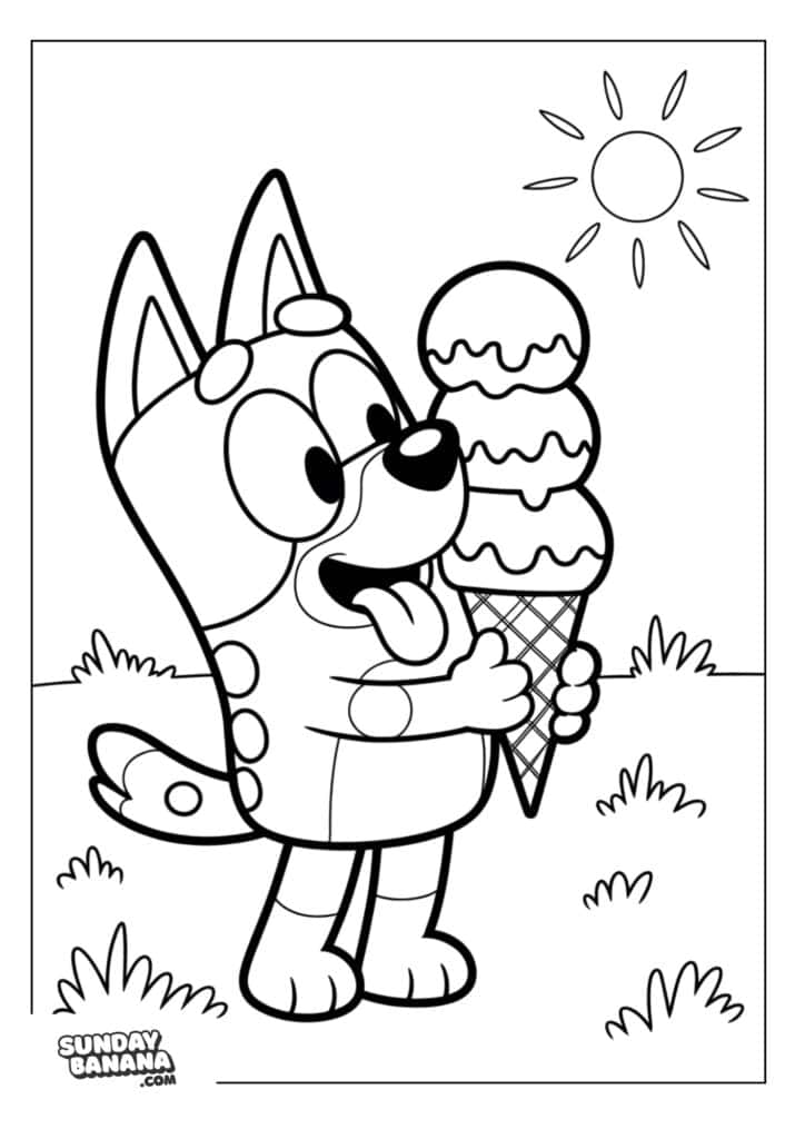 Bluey eating three scoop ice cream cone on a sunny day coloring page