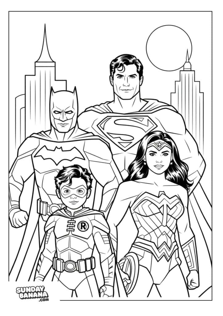 Group pose of Superman, Batman, Robin and Wonder Woman with building background coloring page