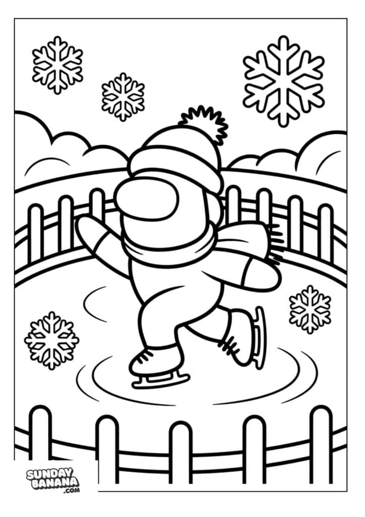 Crewmate wearing beanie and scarf ice skating Among Us coloring page