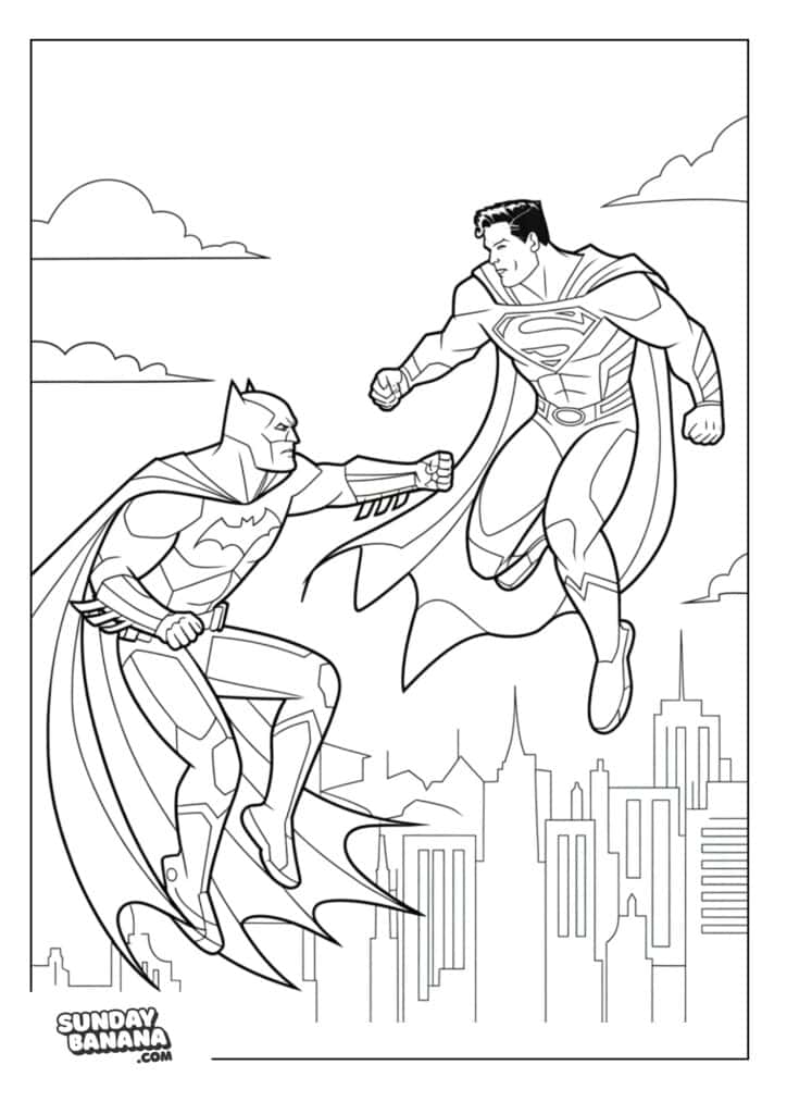 Superman and Batman fighting in the sky coloring page