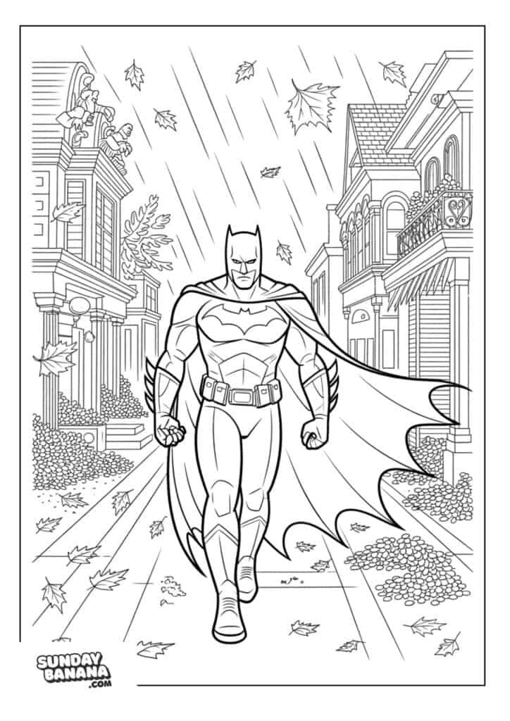Batman walking through autumn leaf covered streets coloring page