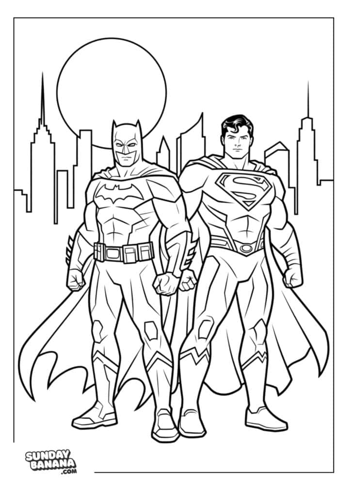 Superman and Batman power pose side by side with city skyline background coloring page