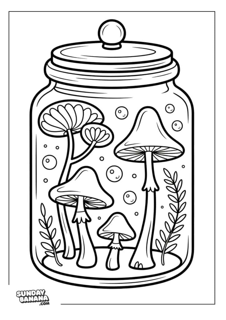A black and white drawing of various mushrooms and leafy plants growing inside a glass jar with a lid. The scene includes bubbles floating throughout. The bottom corner has the text “Sunday Banana .com.”.