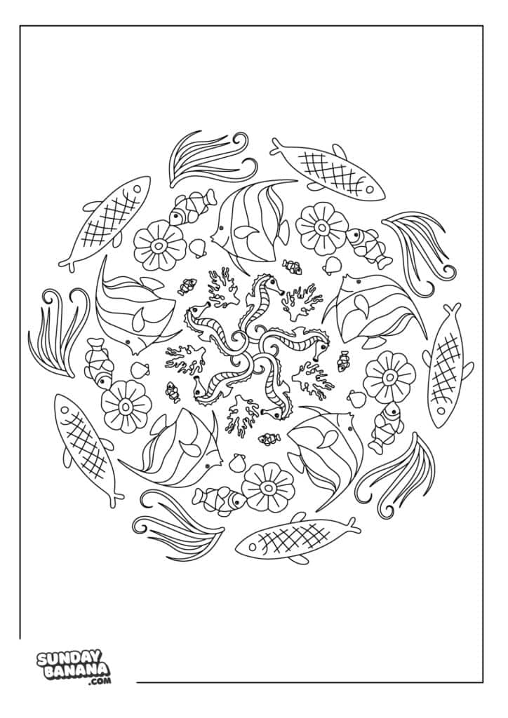A coloring page A black-and-white mandala coloring page features fish, flowers, and seaweed arranged in a circular pattern, radiating from the center. The detailed design is surrounded by a plain border, with the Sunday Banana logo in the bottom left corner.