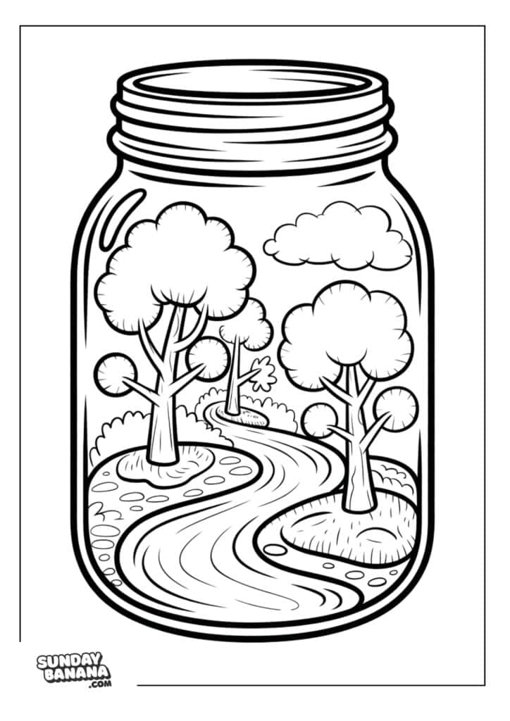 A black and white drawing of a glass jar containing a landscape with a winding river, three trees, grass, and two clouds in the sky. The scene resembles a miniature world inside the jar. The SundayBanana.com logo is in the bottom left corner.