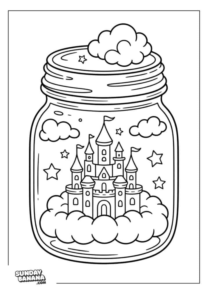 A whimsical illustration of a castle with flags on towers, surrounded by fluffy clouds and stars, inside a large jar with a lid. There are additional clouds and stars around the castle. The image is designed as a coloring page.