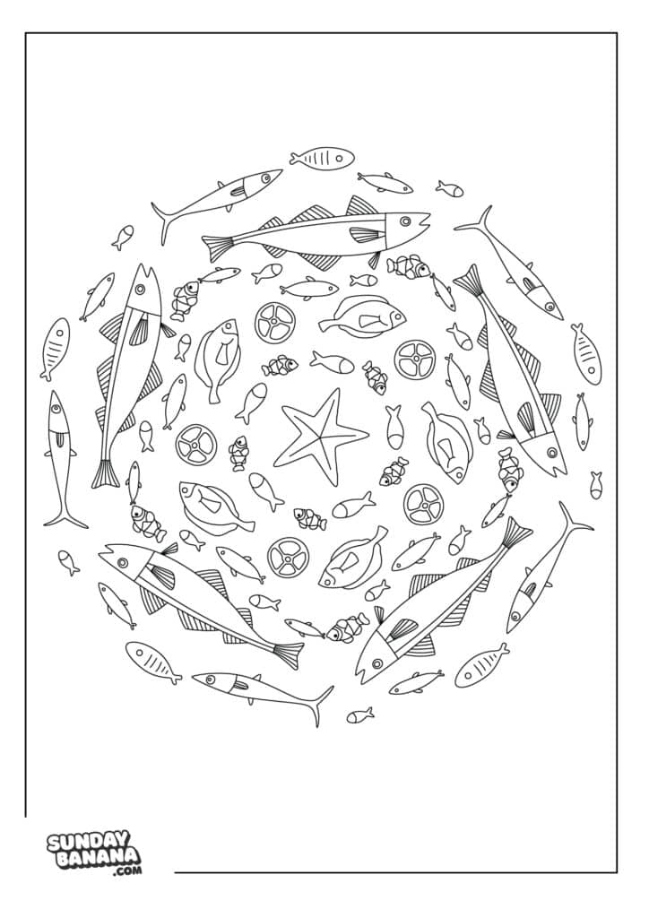 A coloring page A circular mandala-style coloring page with various outlined sea creatures, including fish, seashells, and a starfish in the center. The designs are arranged in concentric rings, with small bubbles and shells filling spaces in between.