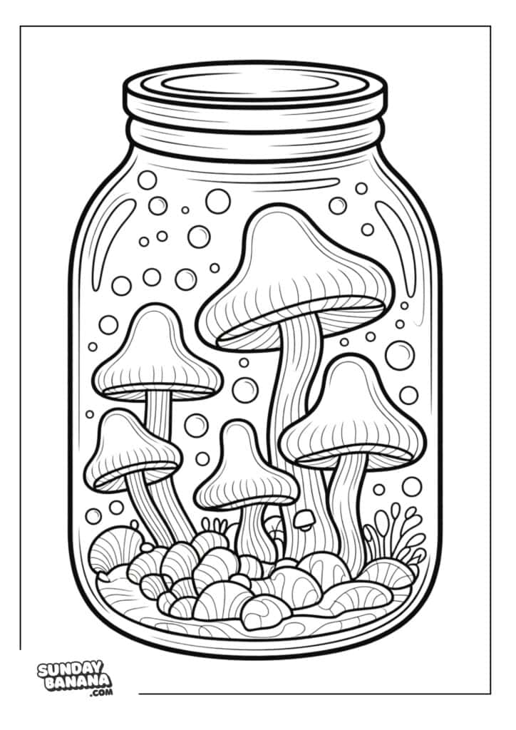 A black-and-white illustration of a glass jar filled with several large, whimsical mushrooms, small plants, and pebbles. Bubbles float inside the jar. The scene has a magical, fantasy feel. SundayBanana.com is written in the bottom left corner.