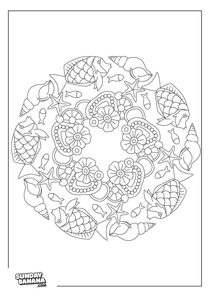 A coloring page A circular mandala coloring page features fish, seashells, starfish, small fish, and floral patterns arranged in a symmetrical design. The image has a thin border and the SundayBanana.com logo in the bottom left corner.