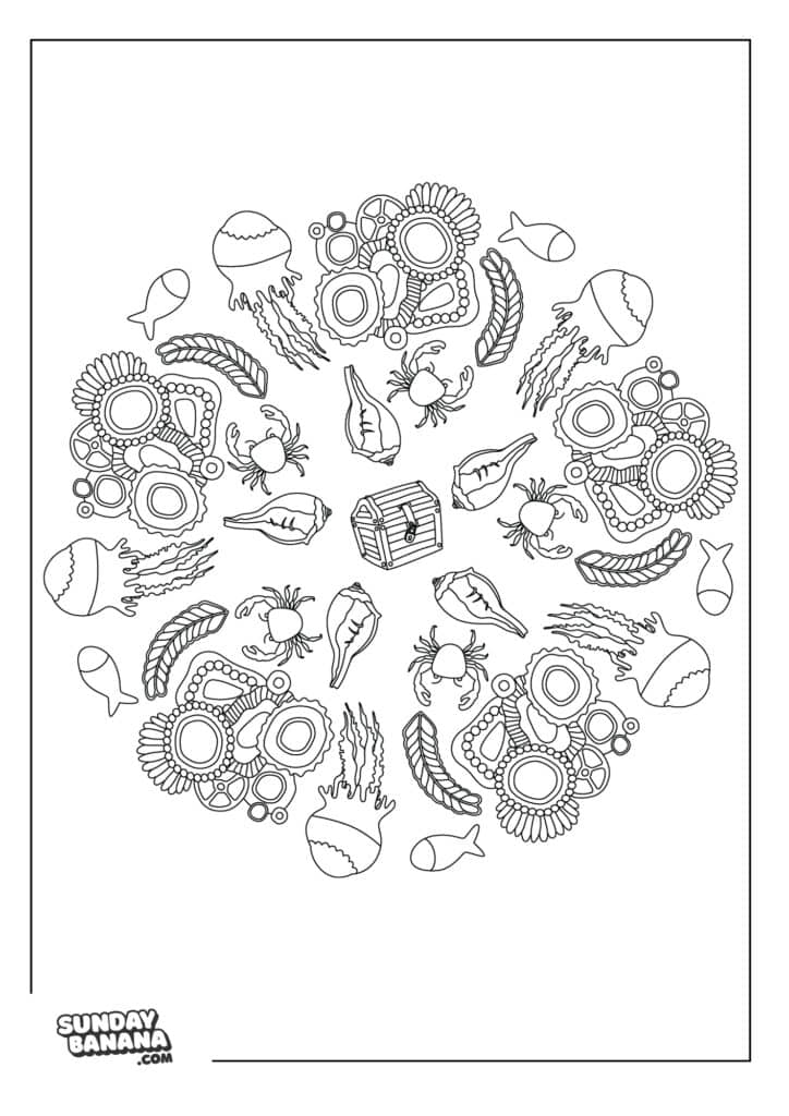 A coloring page Black and white mandala coloring page with a central treasure chest, surrounded by patterns of seashells, fish, crabs, seaweed, jellyfish, and coral. The design radiates in a circular arrangement. SundayBanana.com is in the bottom left corner.