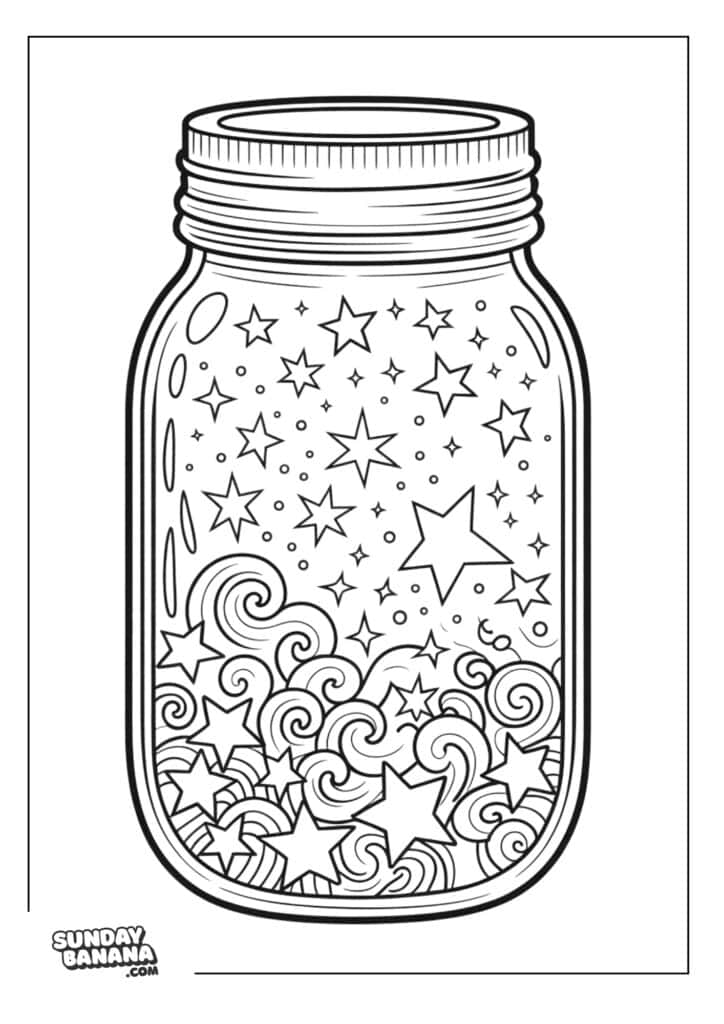 A mason jar filled with swirling clouds and many stars of various sizes, some with bold outlines. The background is blank. Sundaybanana.com is written in the bottom left corner. The image is black and white, meant for coloring.