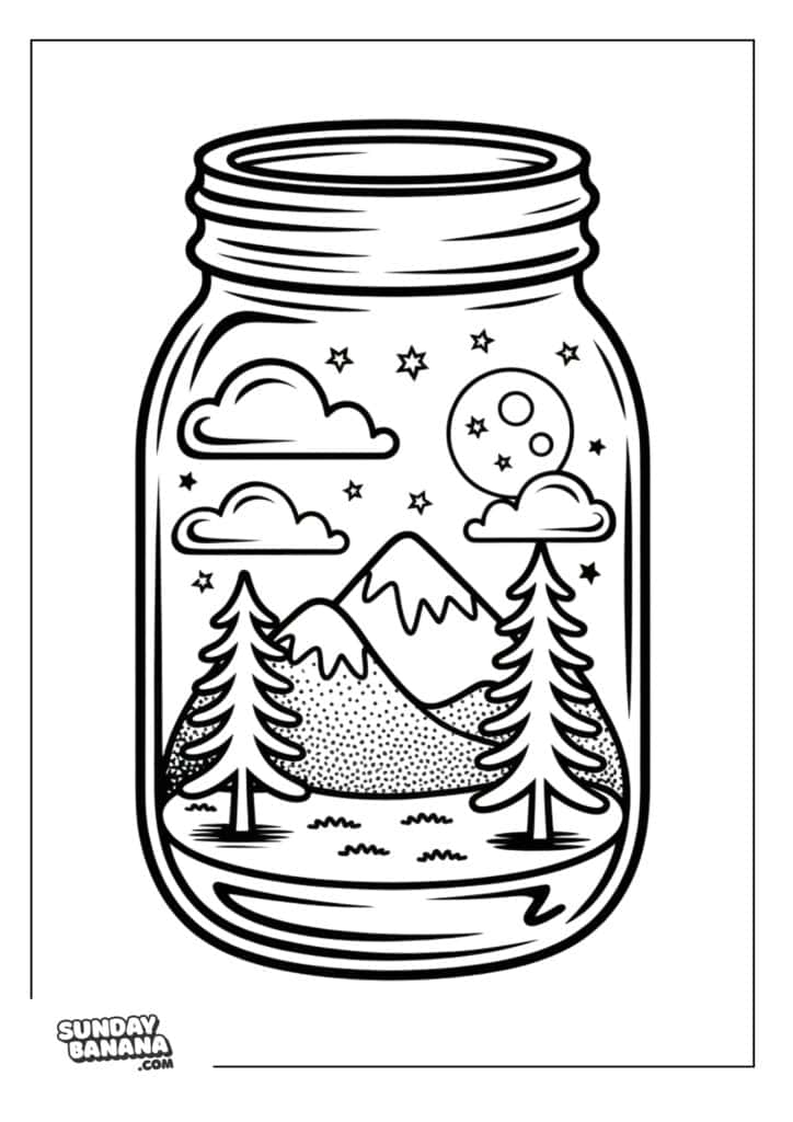 A line drawing shows a mason jar containing a scenic landscape with mountains, three pine trees, clouds, stars, and a moon. The scene appears as if it’s captured inside the jar. The “SundayBanana.com” logo is in the bottom left corner.