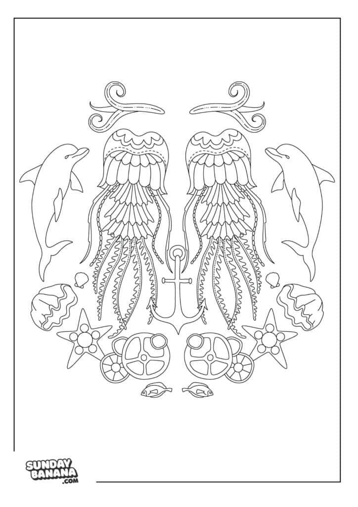 A coloring page A symmetrical line drawing features two jellyfish with detailed tentacles in the center, flanked by dolphins, seahorses, anchor, seashells, starfish, pearls, and two small crabs at the bottom. The design has a marine theme and is suitable for coloring.