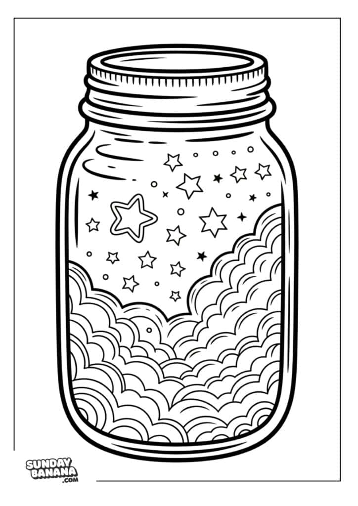 A coloring page of a mason jar filled with stars, swirls, and clouds. The jar features different sizes of stars floating above a layer of wavy clouds. The illustration is outlined in black and is uncolored. Sunday Banana.com is printed in the corner.