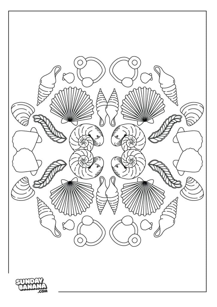 A coloring page Black and white mandala coloring page featuring a symmetrical arrangement of seashells, conch shells, scallop shells, and spiral shells in a circular pattern. The design is outlined and uncolored, with “SUNDAYBANANA.COM” in the bottom left corner.