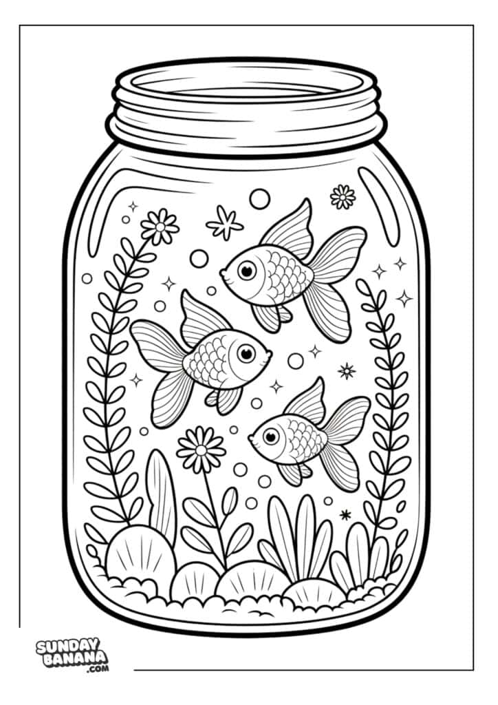 Black and white illustration of three goldfish swimming inside a mason jar filled with plants, pebbles, flowers, and bubbles. The design is intricate and suitable for coloring. The word SUNDAYBANANA.COM appears in the bottom left corner.