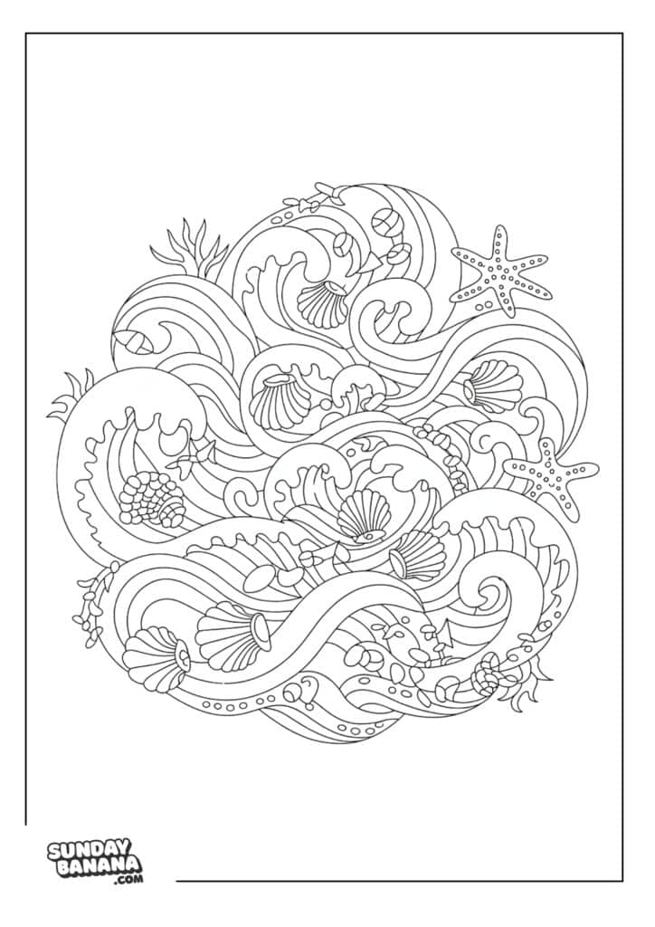 A coloring page Black and white line drawing of an intricate ocean scene with swirling waves, various seashells, starfish, seaweed, bubbles, and small underwater plants. The detailed design is enclosed within a simple rectangular border.