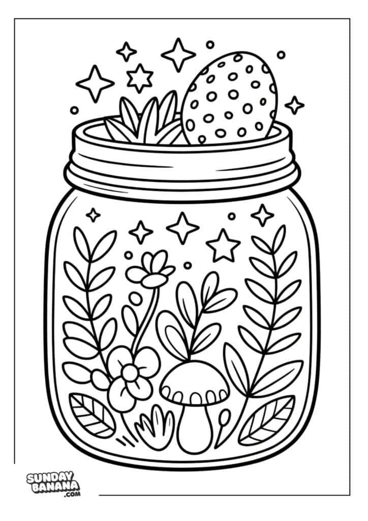 A mason jar filled with flowers, leaves, a spotted egg, a mushroom, and small plants. Stars float above and inside the jar. The drawing has bold outlines and is designed as a coloring page. SundayBanana.com is printed at the bottom left.