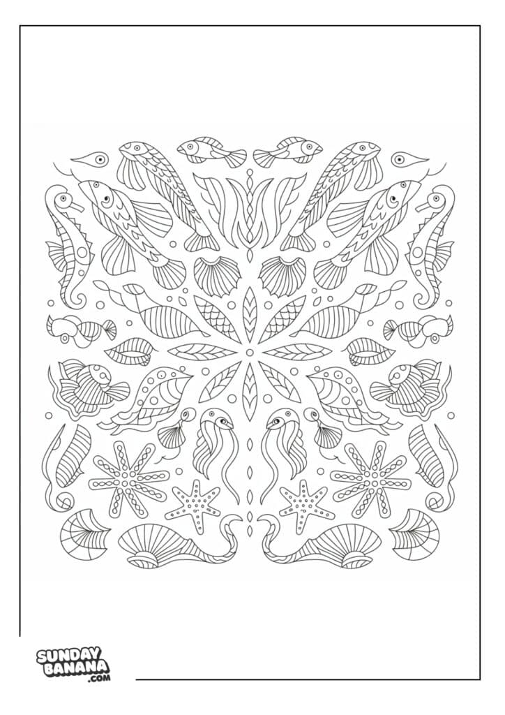 A coloring page A black and white symmetrical coloring page featuring fish, seahorses, starfish, shells, bubbles, and seaweed, arranged in a kaleidoscopic underwater pattern. The image is bordered by a thin black line, with the “Sunday Banana” logo in the bottom left corner.