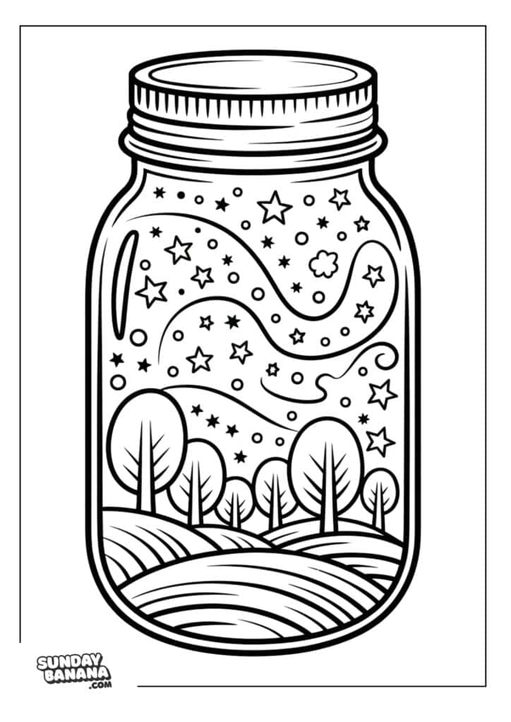 A black and white line drawing of a mason jar containing a whimsical landscape with rolling hills, trees, and a sky filled with swirling stars, clouds, and dots. The image has a playful, dreamlike quality. “Sunday Banana.com” is labeled in the corner.
