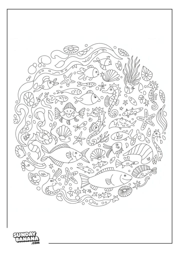A coloring page A circular line drawing features various sea creatures, including fish, seahorses, jellyfish, starfish, shells, and seaweed, all densely packed together. The illustration is whimsical and ready for coloring. “SundayBanana.com” appears in the bottom left corner.