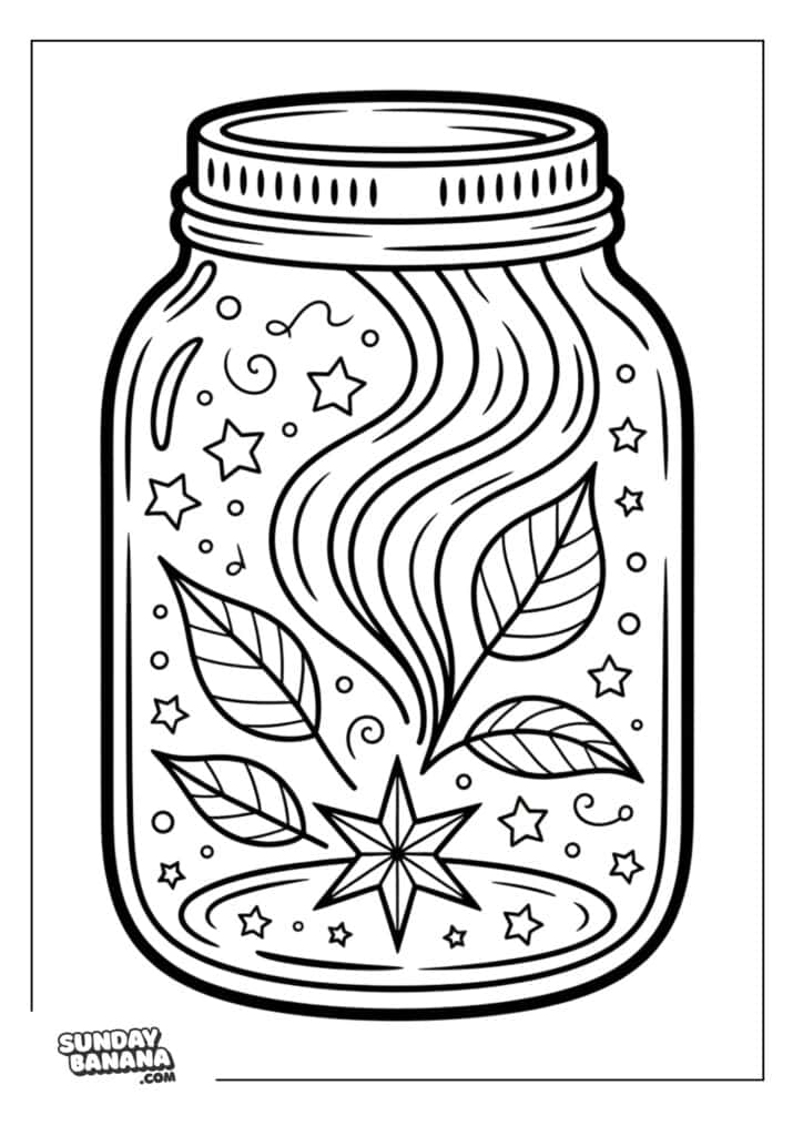 A coloring page shows a large glass jar filled with swirling lines, stars, and three large leaves. Small stars and circles are scattered inside. The bottom right corner features the Sunday Banana logo. The image has a simple, whimsical style.