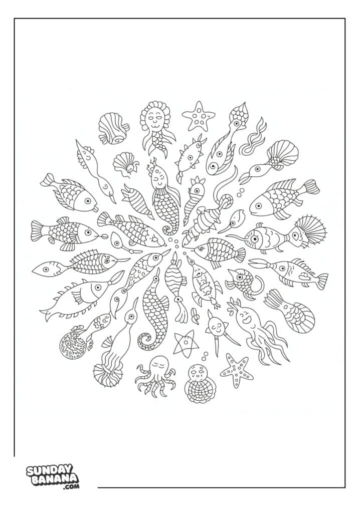 A coloring page Black and white coloring page showing a circular mandala pattern made of various sea creatures, including fish, octopuses, seahorses, starfish, shells, and mermaids, radiating from the center. The image has a thin border and a Sunday Banana logo at the bottom left.
