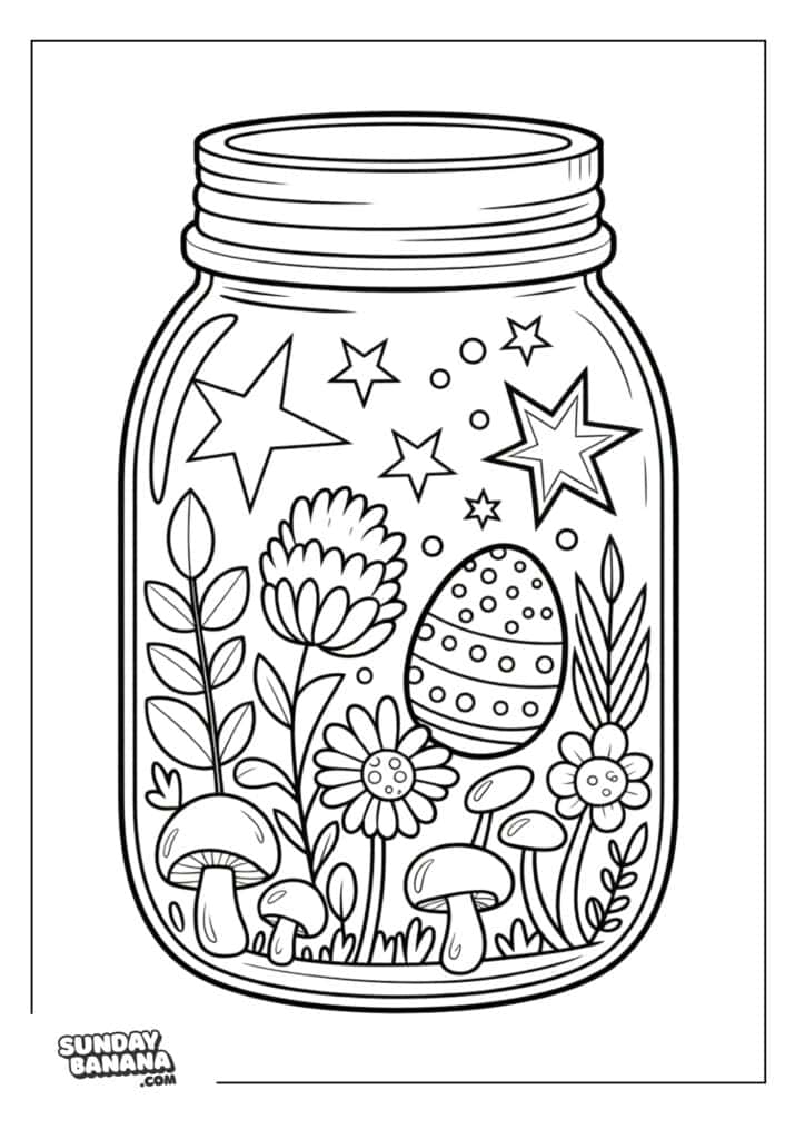 A mason jar contains mushrooms, flowers, and grasses at the bottom. An egg with decorative patterns is centered among the plants. Above, stars and dots fill the jar, giving a whimsical feel. The image is in black-and-white coloring page style.