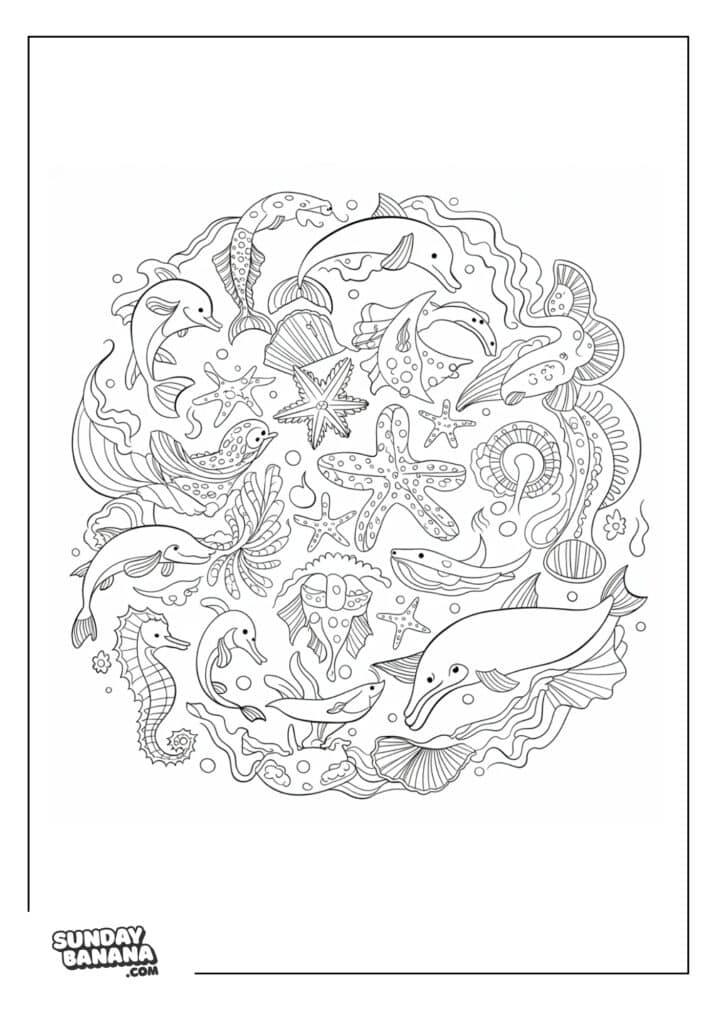 A coloring page A circular underwater scene features dolphins, seahorses, jellyfish, starfish, shells, and fish swimming among sea plants. The image is a black and white line drawing, suitable for coloring. Sunday Banana is printed in the bottom-left corner.