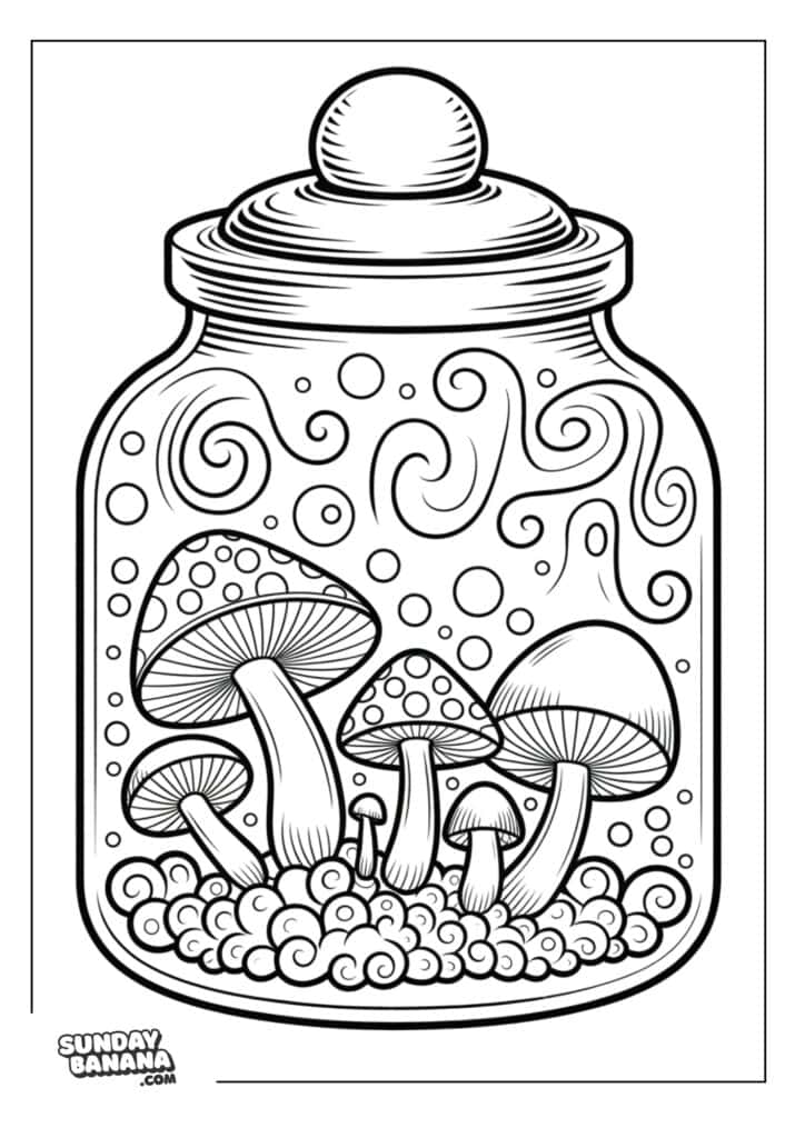 A black-and-white drawing of mushrooms growing inside a glass jar with a lid. The jar features swirling patterns and bubbles, and the mushrooms vary in size, with some spotted caps. The image has a whimsical, fantasy-like style.