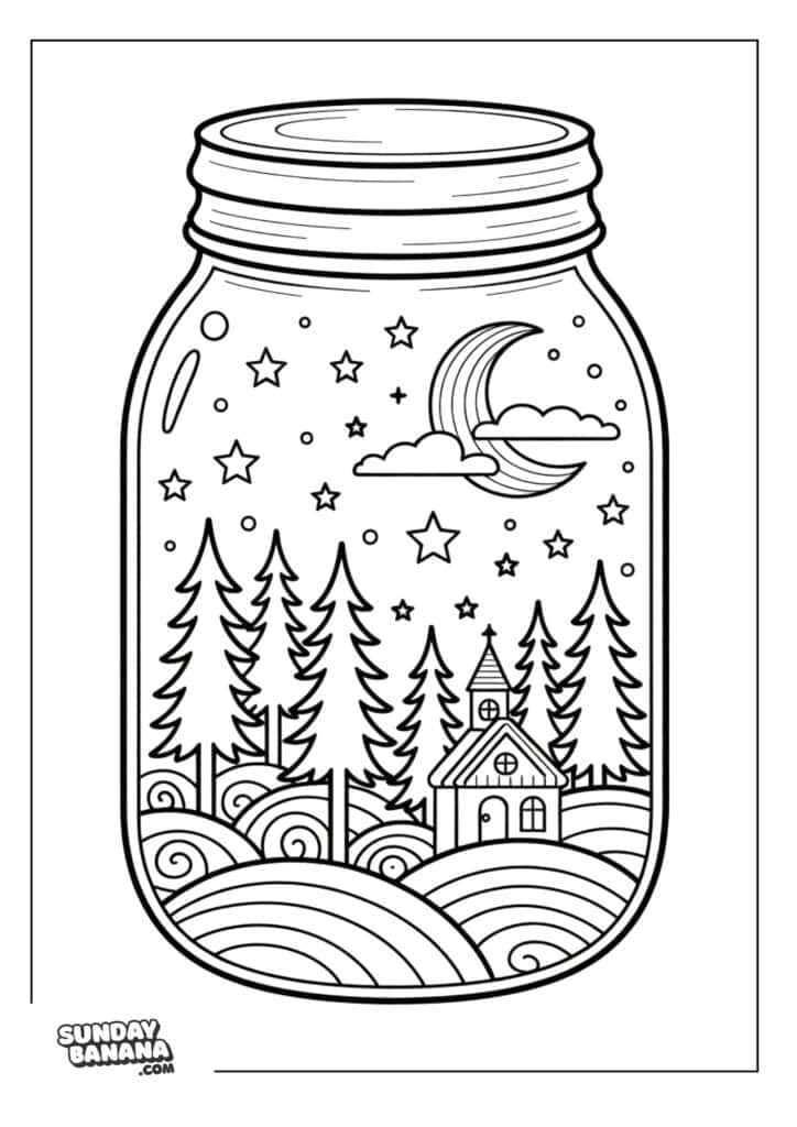 A jar contains a whimsical scene with a house and church surrounded by trees and rolling hills. Above are stars, clouds, and a crescent moon. The drawing is black-and-white and outlined for coloring. Sunday Banana is written in the lower left corner.