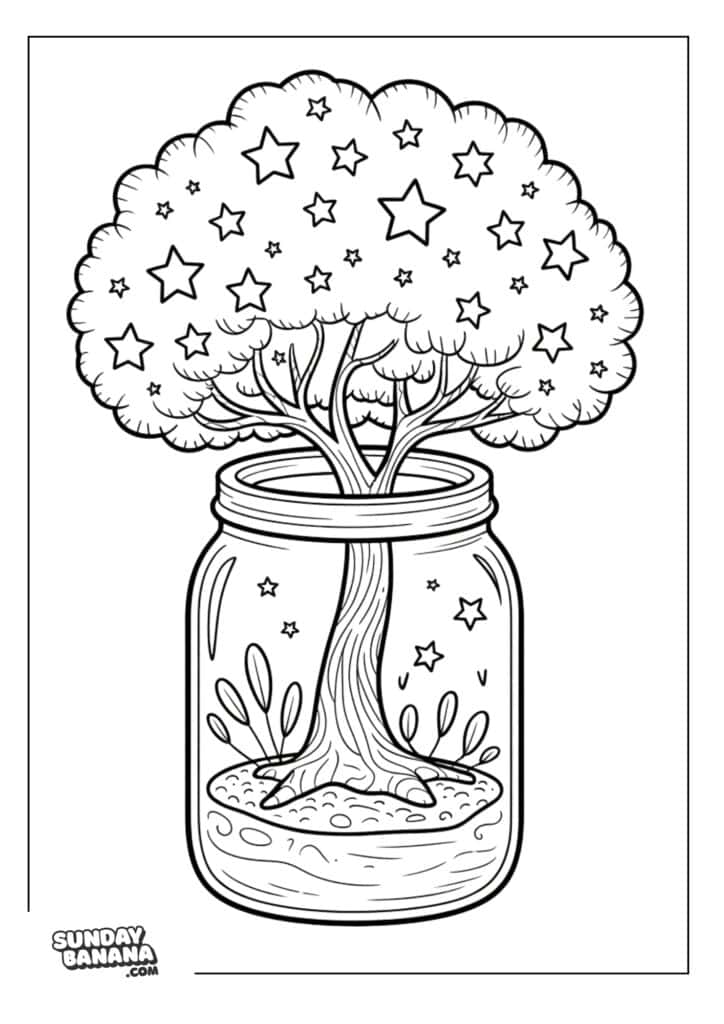 A black-and-white drawing of a tree growing inside a glass jar. The tree’s leafy canopy is filled with stars, and a few small plants grow at the base inside the jar. The image is outlined for coloring, with SUNDAYBANANA.COM in the bottom left corner.