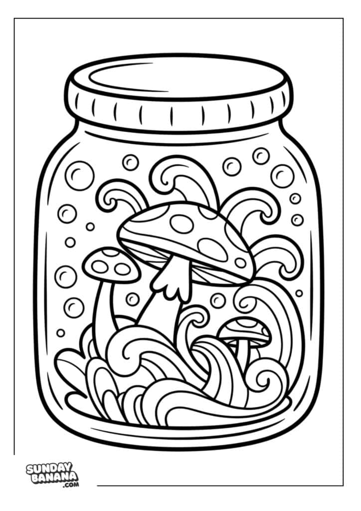 A black-and-white coloring page shows a glass jar containing three whimsical mushrooms and swirling grass-like shapes. Bubbles float around inside the jar. The “SundayBanana.com” logo is in the bottom left corner.