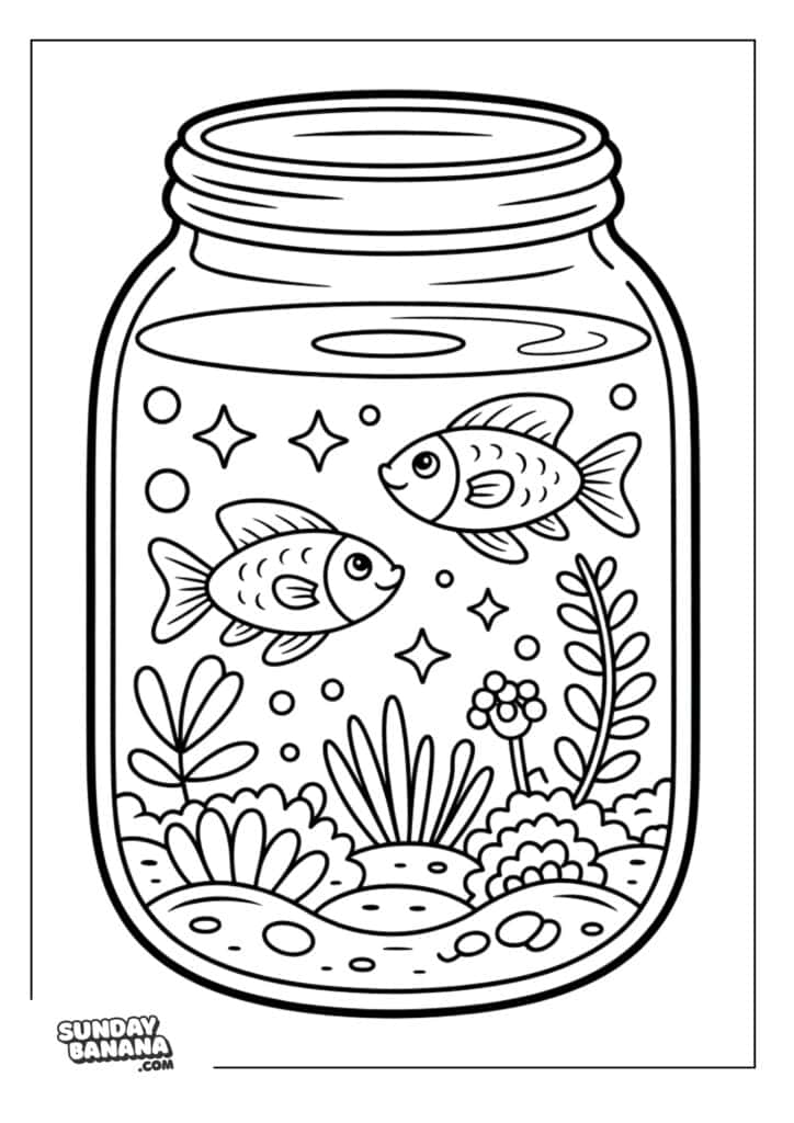 A coloring page showing two fish swimming in a mason jar filled with water. The jar contains plants, rocks, and bubbles. Decorative stars and pebbles are scattered inside, and there’s a SundayBanana.com logo in the bottom left corner.
