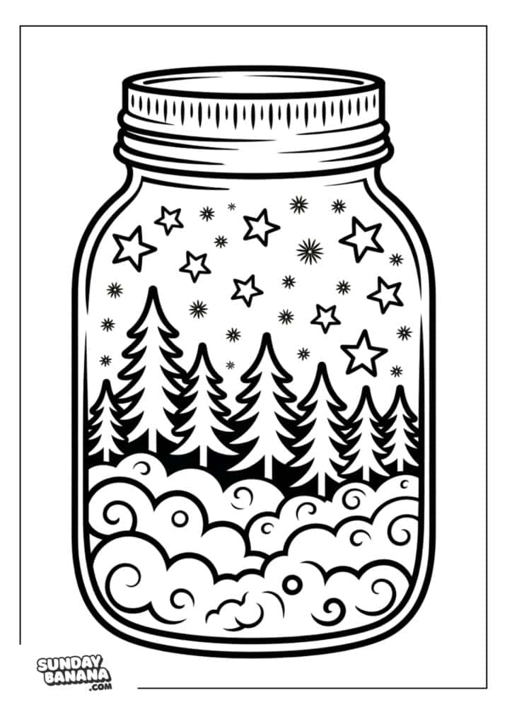 A mason jar filled with a whimsical winter scene: pine trees, swirling clouds, and scattered stars. The illustration is in black and white and has a coloring page style, with the Sunday Banana logo in the bottom left corner.