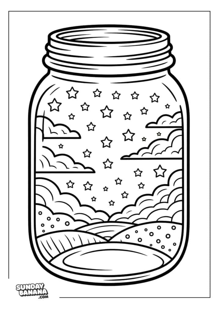 A mason jar contains an imaginative scene with rolling hills, fluffy clouds, and many stars in the sky. The landscape is whimsical, resembling a fantasy world captured inside the jar. The image is outlined as a coloring page.