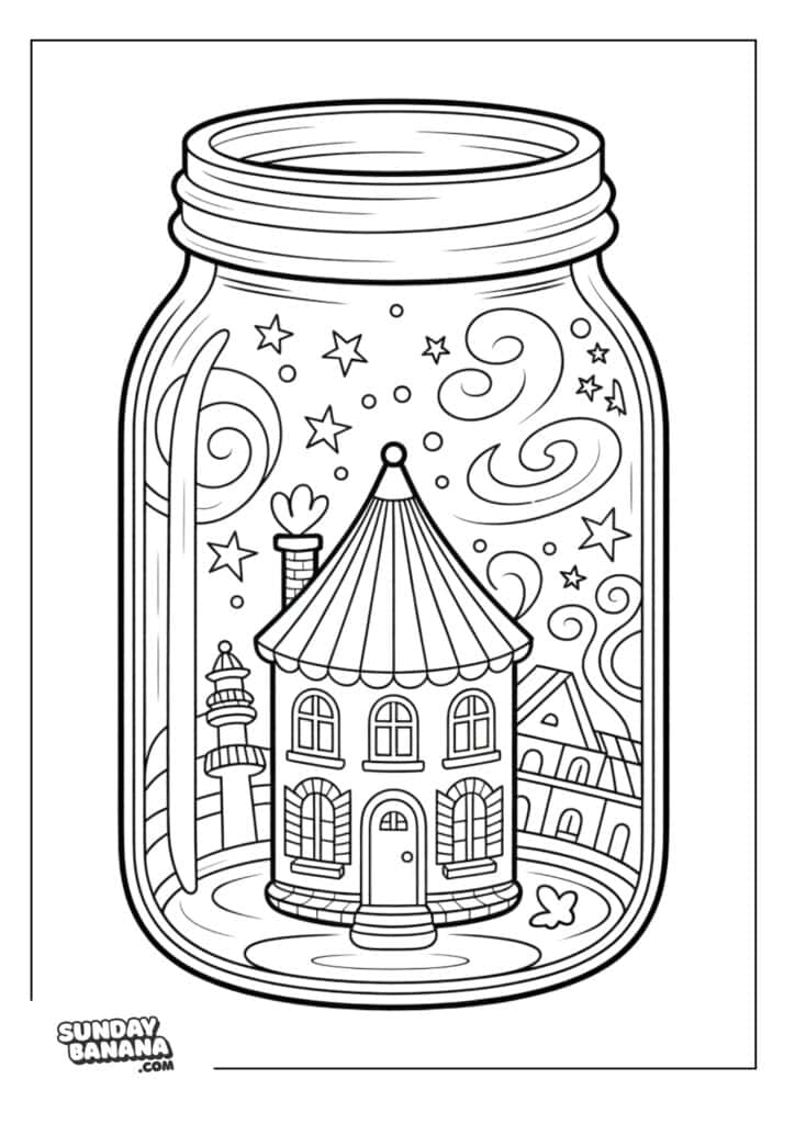A whimsical house with a round roof sits inside a mason jar, surrounded by swirling clouds, stars, a crescent moon, and distant hills. A lighthouse and another house are visible in the background. The scene is drawn in a playful, outlined style.