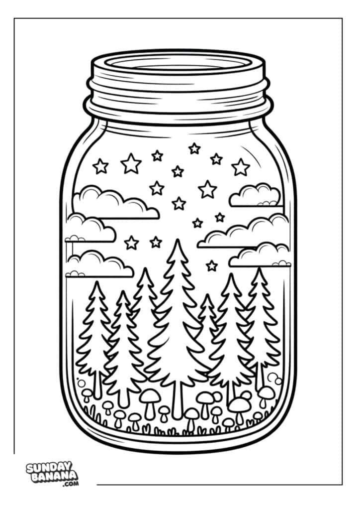 A mason jar contains a whimsical forest scene with tall pine trees, mushrooms, clouds, and stars in the sky. The drawing is black-and-white, in a coloring book style. The Sunday Banana logo appears in the lower-left corner.