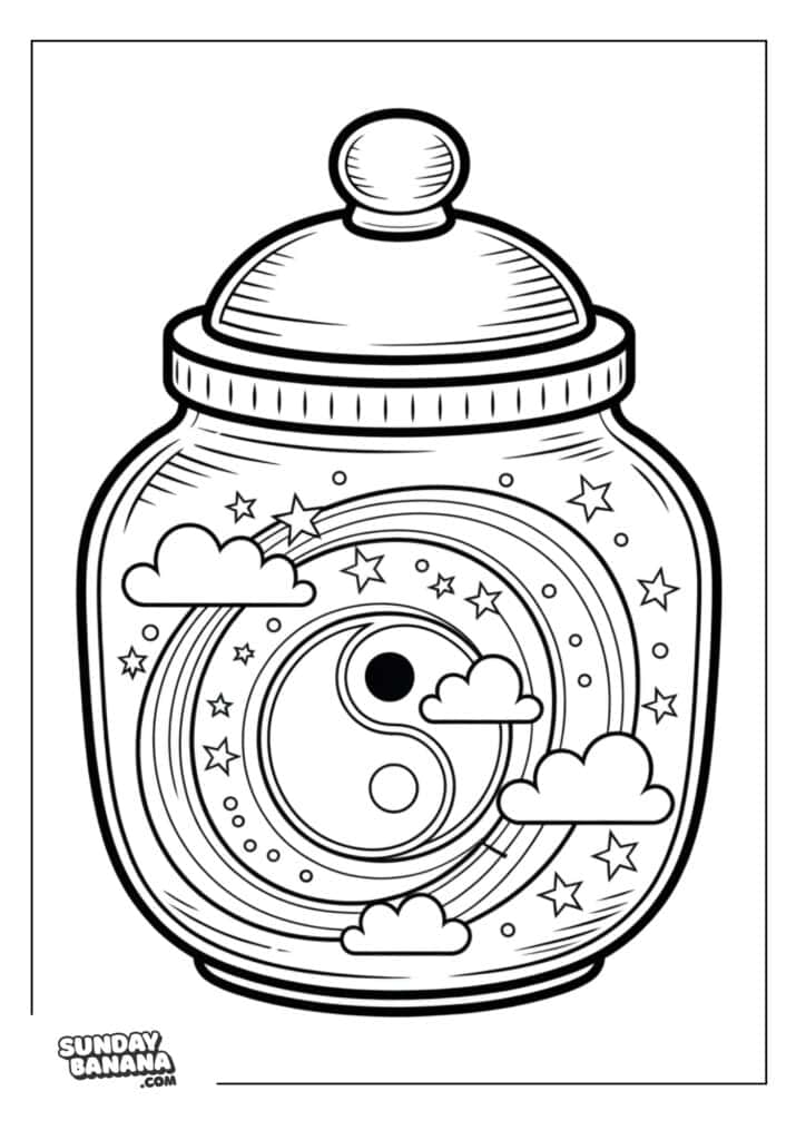 A glass jar with a lid contains a yin-yang symbol, surrounded by swirling rings, clouds, and stars. The design has a whimsical, cosmic theme and is outlined for coloring. The “Sunday Banana” logo is in the bottom left corner.