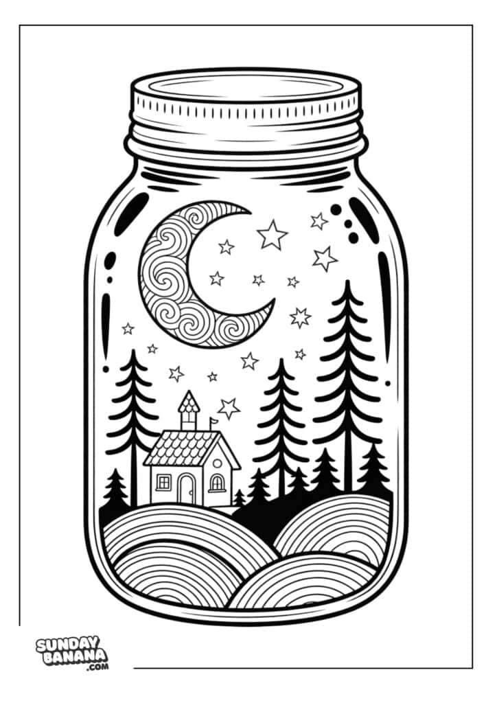 Black and white illustration of a mason jar containing a whimsical scene: a crescent moon and stars shine over a small house with smoke, surrounded by tall pine trees and rolling hills, blending nature and fantasy inside the jar. Sunday Banana logo in the corner.