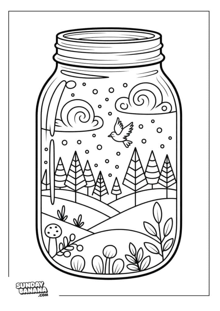 A whimsical scene inside a mason jar, showing a bird flying above hills, pine trees, clouds, stars, and plants. Mushrooms and leafy plants grow at the jars base. The image is outlined for coloring, with “Sunday Banana” in the bottom left corner.