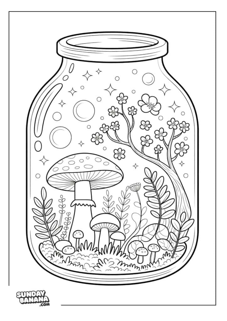 A glass jar contains a whimsical scene with mushrooms, ferns, grass, a curved tree with flowers, floating bubbles, and stars. The detailed black-and-white line art has a magical, fairy-tale atmosphere. The image is for coloring.