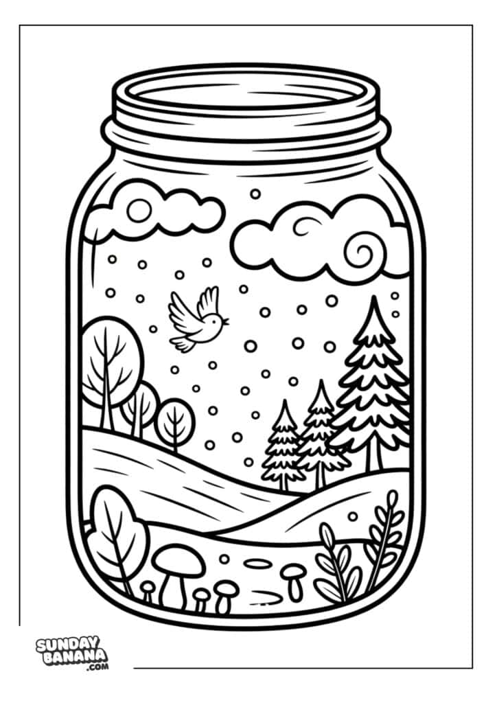 A jar contains a whimsical landscape with hills, trees, a bird flying, clouds, and falling snow. Plants, mushrooms, and stones appear in the foreground. The drawing is black and white with bold lines and a cartoon style.