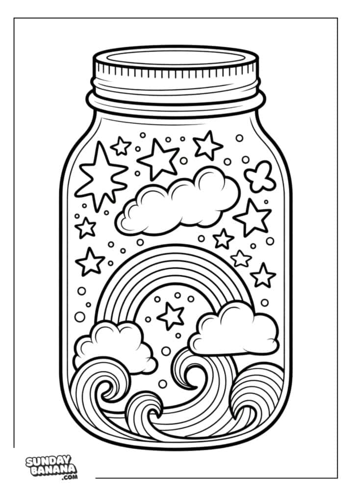 A coloring page shows a glass jar filled with clouds, stars, a rainbow, and swirling waves. The jar has a lid, and the scene inside appears whimsical and magical. The background is plain, and the design is outlined in black for coloring.
