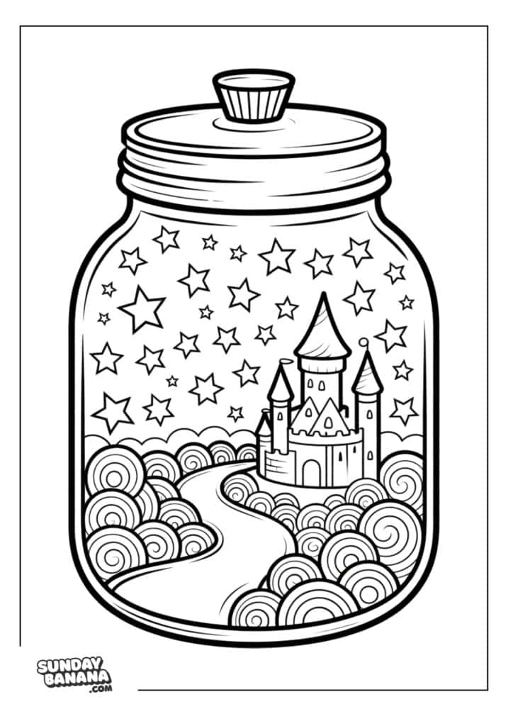 coloring page Black-and-white line drawing of a jar with a screw-on lid. Inside the jar is a fantasy castle with pointed roofs, surrounded by swirling clouds and a winding path. Stars fill the sky above the castle. The bottom left corner has the text “SUNDAYBANANA.COM.”.