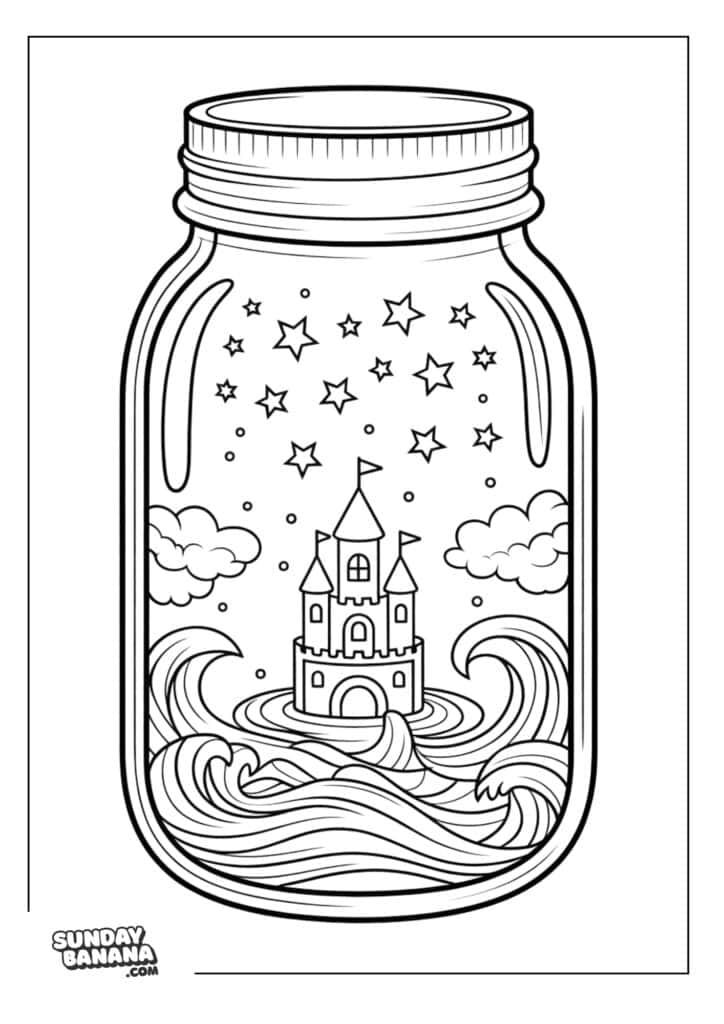 A coloring page features a castle with flags, surrounded by waves inside a mason jar. Stars and clouds fill the sky above the castle. The design is outlined in black and white, with Sunday Banana written in the bottom left corner.