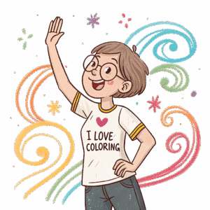 About Us Teddy A smiling young lady with short hair and glasses raises one hand. They wear a shirt that says I ♥ LOVE COLORING. Colorful swirls and stars decorate the background, adding a cheerful and creative vibe. The lady looks joyful and enthusiastic.